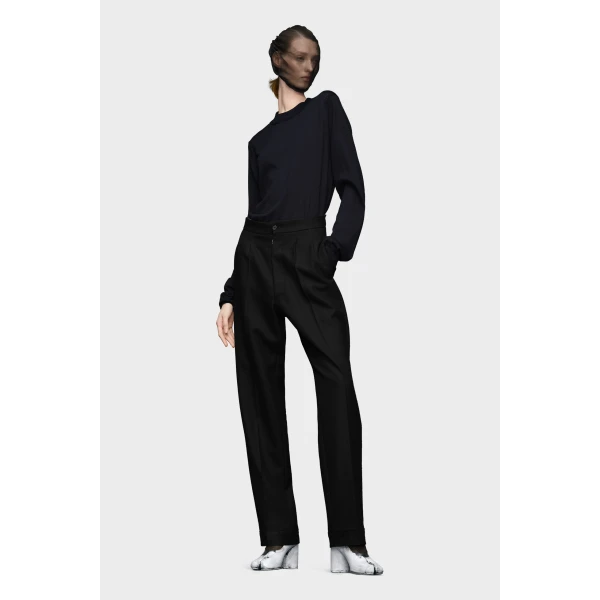 Maison Margiela Herringbone Wool Pleated Trousers in Black | Tailored pants | Luxury Shoes 
