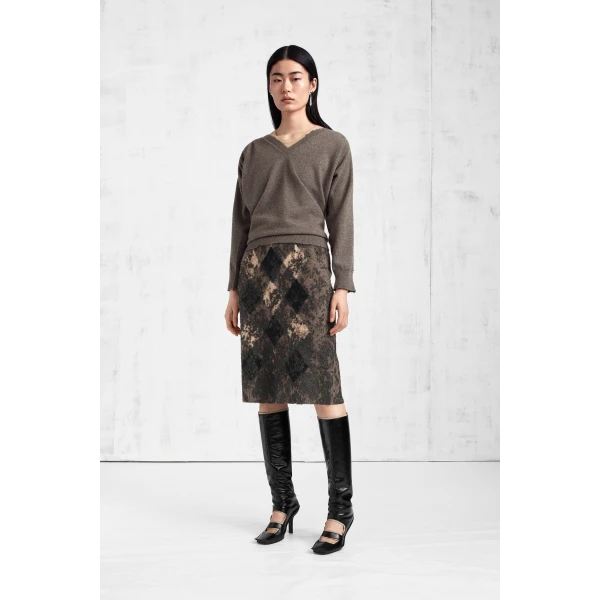 Maison Margiela Knit Virgin Wool Pencil Skirt in Walnut and Navy Blue | Midi Skirts | Luxury Shoes 