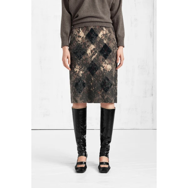 Maison Margiela Knit Virgin Wool Pencil Skirt in Walnut and Navy Blue | Midi Skirts | Luxury Shoes 