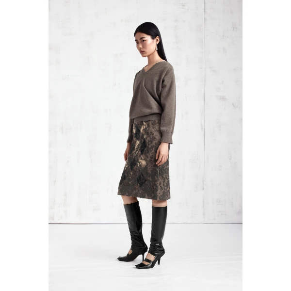 Maison Margiela Knit Virgin Wool Pencil Skirt in Walnut and Navy Blue | Midi Skirts | Luxury Shoes 