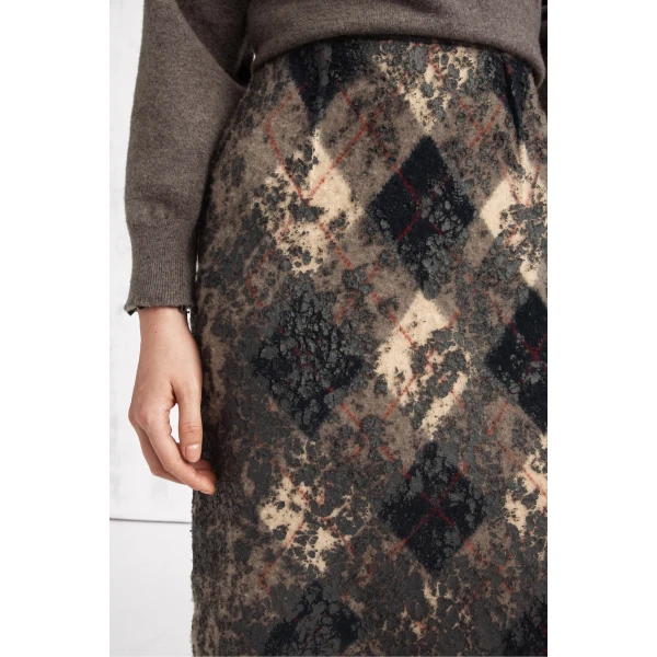 Maison Margiela Knit Virgin Wool Pencil Skirt in Walnut and Navy Blue | Midi Skirts | Luxury Shoes 