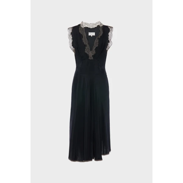 Maison Margiela Lace-Trim Satin Midi Dress in Black | Midi Dresses | Luxury Shoes 