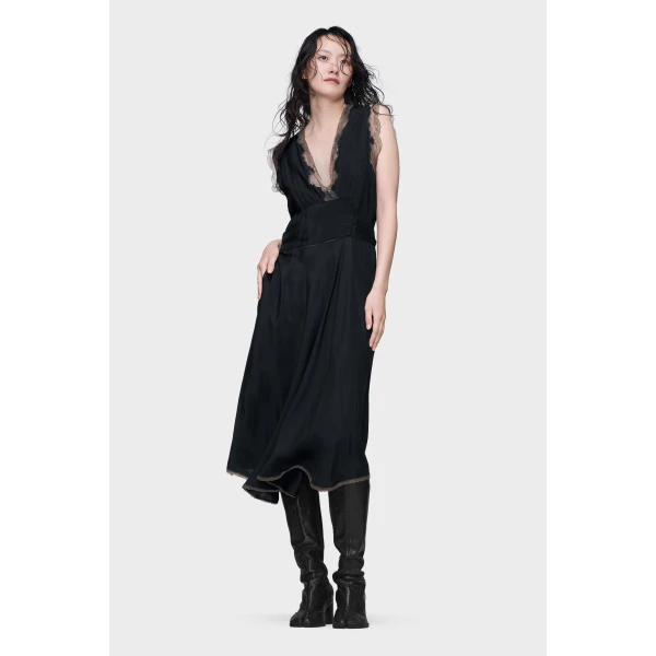 Maison Margiela Lace-Trim Satin Midi Dress in Black | Midi Dresses | Luxury Shoes 