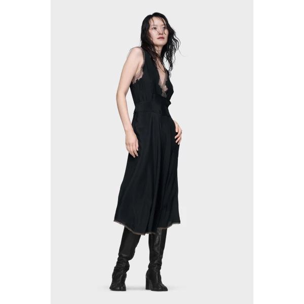 Maison Margiela Lace-Trim Satin Midi Dress in Black | Midi Dresses | Luxury Shoes 