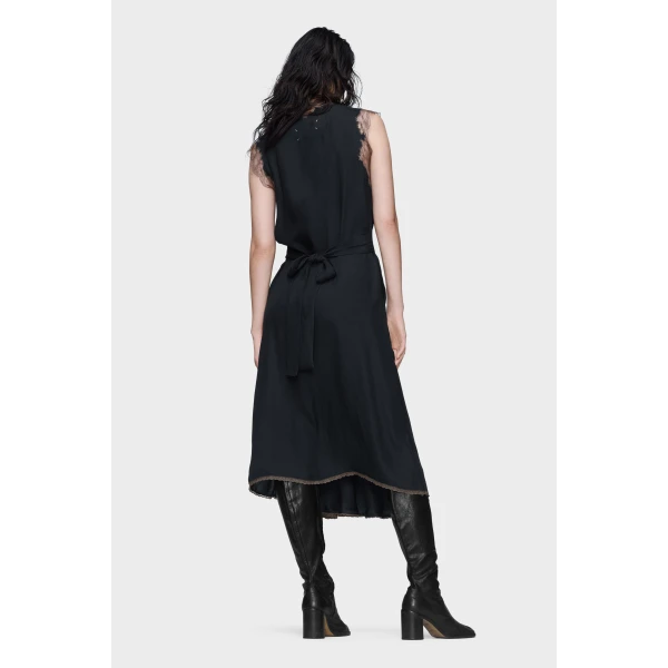 Maison Margiela Lace-Trim Satin Midi Dress in Black | Midi Dresses | Luxury Shoes 
