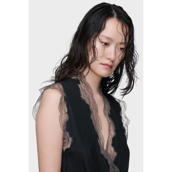 Maison Margiela Lace-Trim Satin Midi Dress in Black | Midi Dresses | Luxury Shoes 
