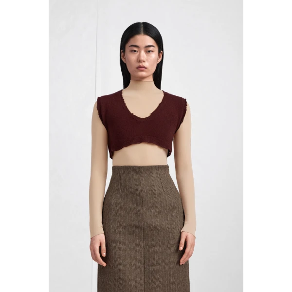 Maison Margiela Lived-In Raw-Edge Knit Vest in Bordeaux | Sweaters | Luxury Shoes 