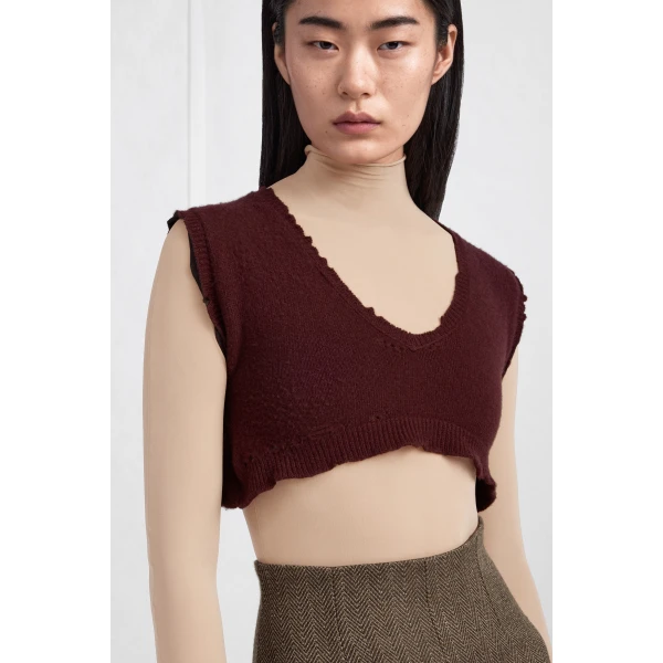 Maison Margiela Lived-In Raw-Edge Knit Vest in Bordeaux | Sweaters | Luxury Shoes 