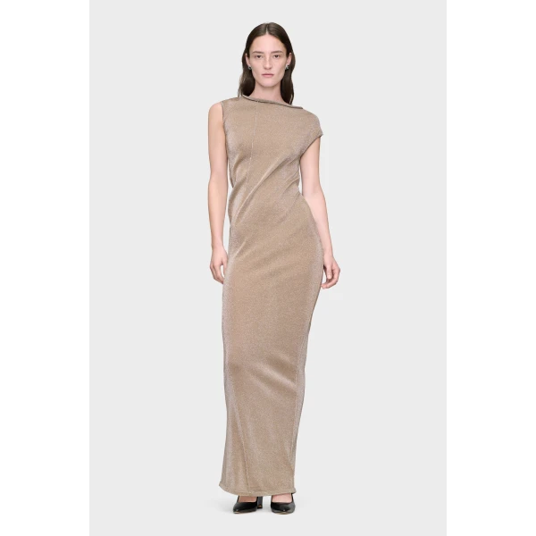 Maison Margiela Metallic Knit Maxi Dress in Pink Beige | Maxi Dresses | Luxury Shoes 