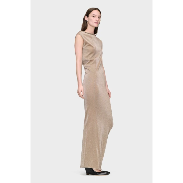 Maison Margiela Metallic Knit Maxi Dress in Pink Beige | Maxi Dresses | Luxury Shoes 