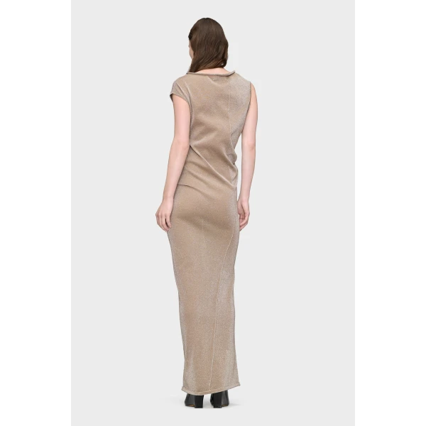 Maison Margiela Metallic Knit Maxi Dress in Pink Beige | Maxi Dresses | Luxury Shoes 