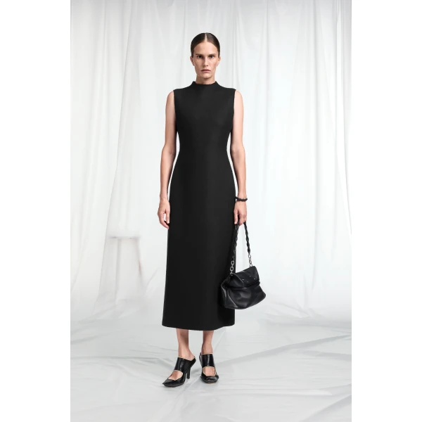 Maison Margiela Mock-Neck Virgin Wool Maxi Dress in Black | Maxi Dresses | Luxury Shoes 