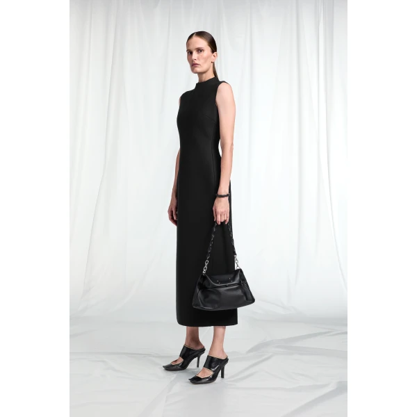 Maison Margiela Mock-Neck Virgin Wool Maxi Dress in Black | Maxi Dresses | Luxury Shoes 