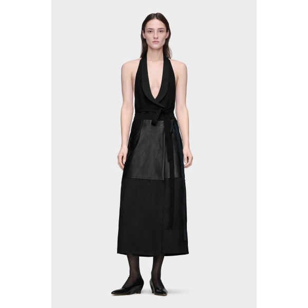 Maison Margiela Patchwork Halterneck Dress in Black | Midi Dresses | Luxury Shoes 