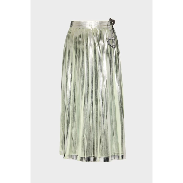 Maison Margiela Pleated Metallic Silk Midi Skirt in Aloe Vera | Midi Skirts | Luxury Shoes 