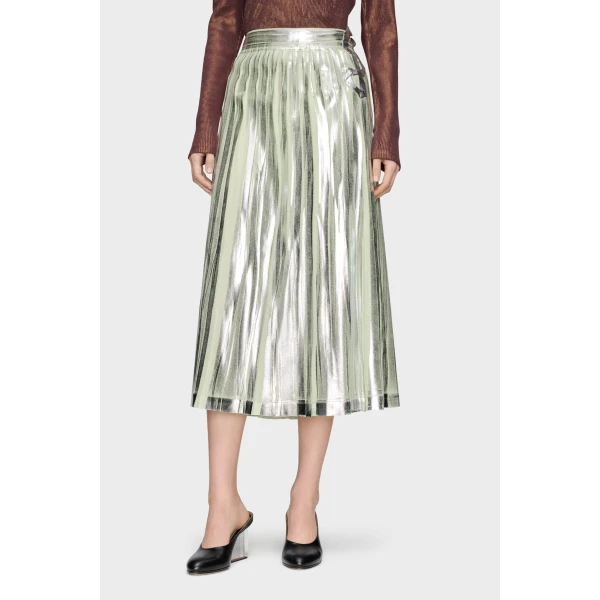 Maison Margiela Pleated Metallic Silk Midi Skirt in Aloe Vera | Midi Skirts | Luxury Shoes 