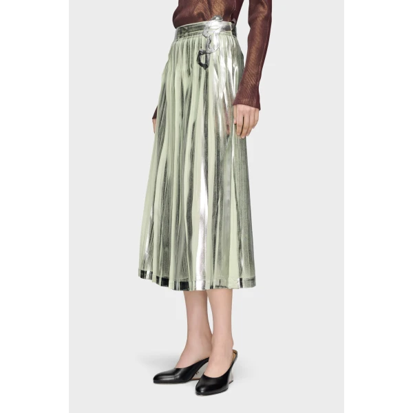 Maison Margiela Pleated Metallic Silk Midi Skirt in Aloe Vera | Midi Skirts | Luxury Shoes 