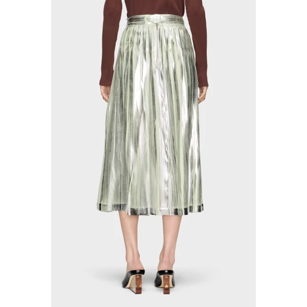 Maison Margiela Pleated Metallic Silk Midi Skirt in Aloe Vera | Midi Skirts | Luxury Shoes 