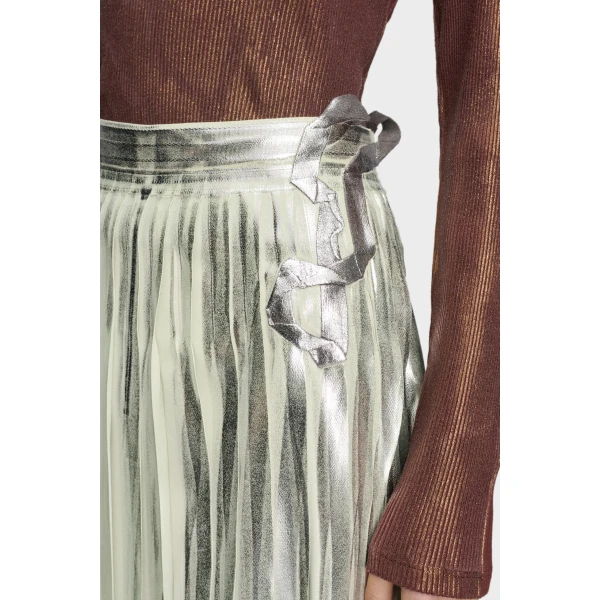 Maison Margiela Pleated Metallic Silk Midi Skirt in Aloe Vera | Midi Skirts | Luxury Shoes 