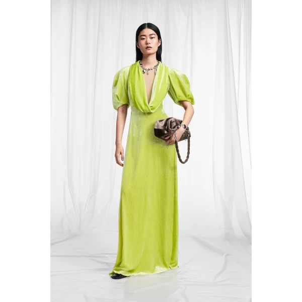 Maison Margiela Puff-Sleeve Velvet Cowl Maxi Dress in Lime Green | Maxi Dresses | Luxury Shoes 