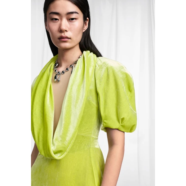 Maison Margiela Puff-Sleeve Velvet Cowl Maxi Dress in Lime Green | Maxi Dresses | Luxury Shoes 