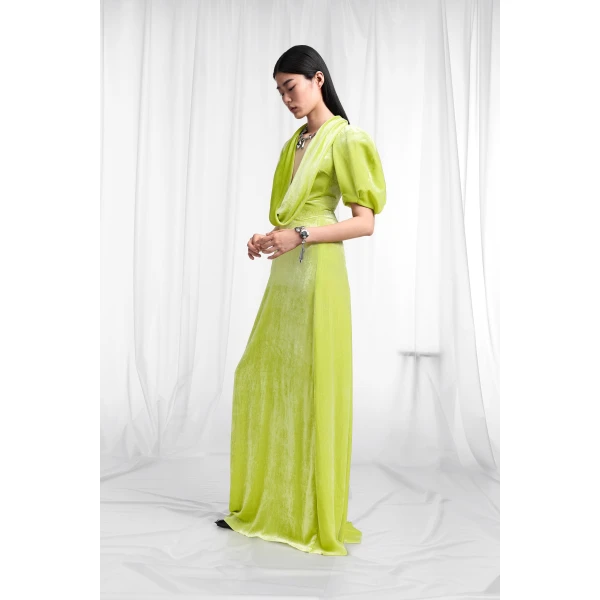 Maison Margiela Puff-Sleeve Velvet Cowl Maxi Dress in Lime Green | Maxi Dresses | Luxury Shoes 