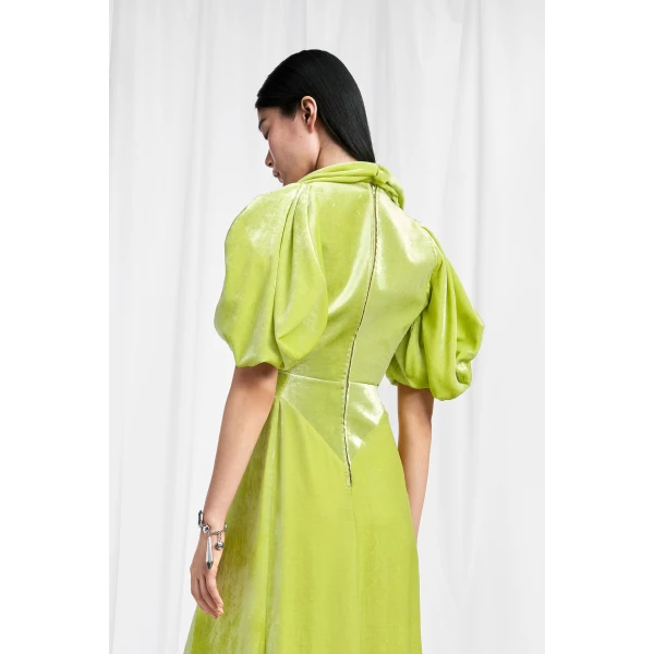 Maison Margiela Puff-Sleeve Velvet Cowl Maxi Dress in Lime Green | Maxi Dresses | Luxury Shoes 