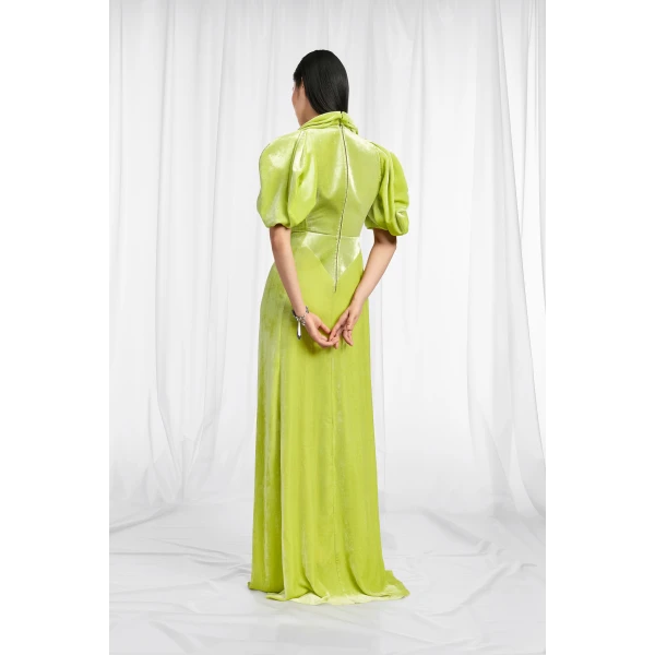 Maison Margiela Puff-Sleeve Velvet Cowl Maxi Dress in Lime Green | Maxi Dresses | Luxury Shoes 
