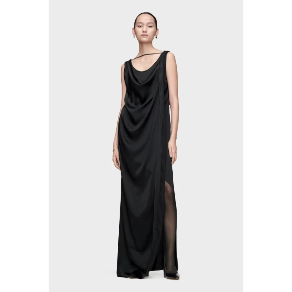 Maison Margiela Satin Draped Maxi Dress in Black | Maxi Dresses | Luxury Shoes 