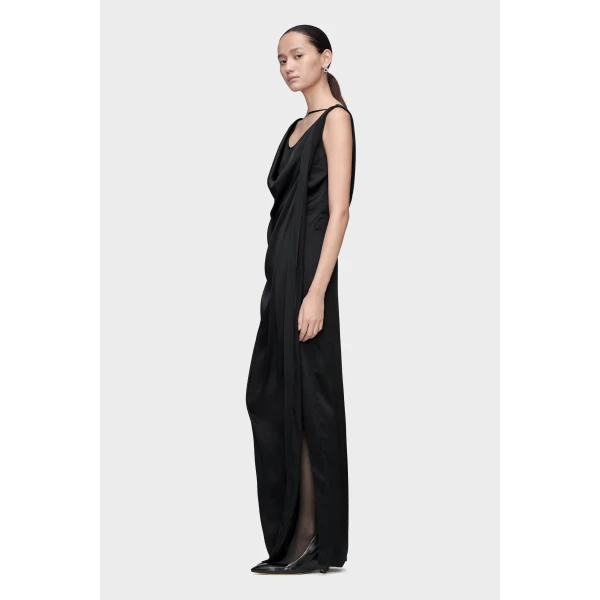Maison Margiela Satin Draped Maxi Dress in Black | Maxi Dresses | Luxury Shoes 