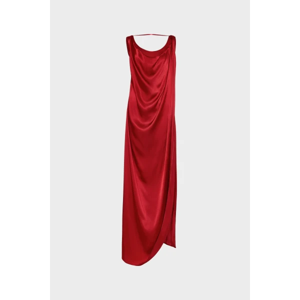 Maison Margiela Satin Draped Maxi Dress in Bordeaux | Maxi Dresses | Luxury Shoes 