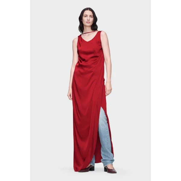 Maison Margiela Satin Draped Maxi Dress in Bordeaux | Maxi Dresses | Luxury Shoes 