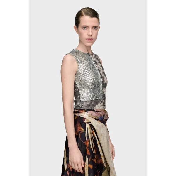 Maison Margiela Sequin Floral Top in Grey | Sleeveless | Luxury Shoes 