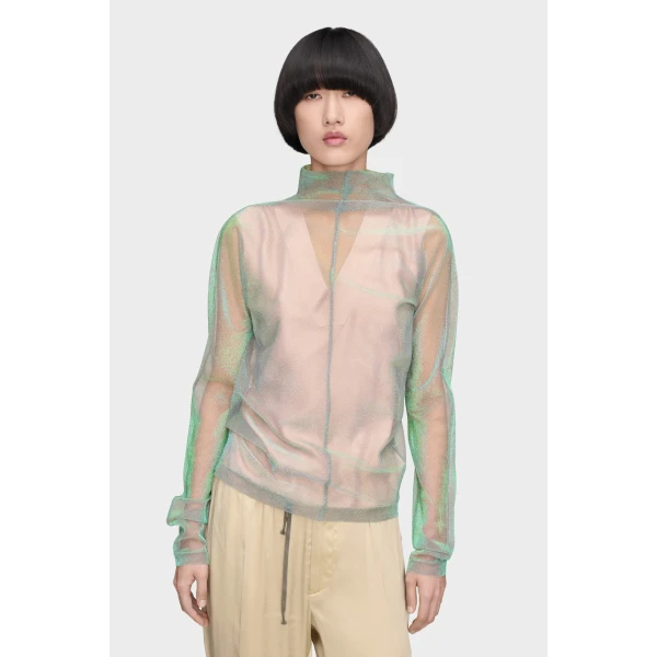 Maison Margiela Shimmer Knit Draped Longsleeve in Light Green | Sweaters | Luxury Shoes 