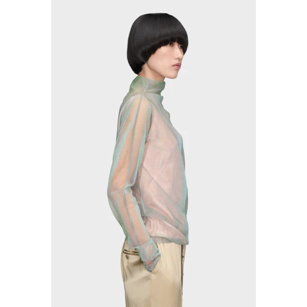 Maison Margiela Shimmer Knit Draped Longsleeve in Light Green | Sweaters | Luxury Shoes 
