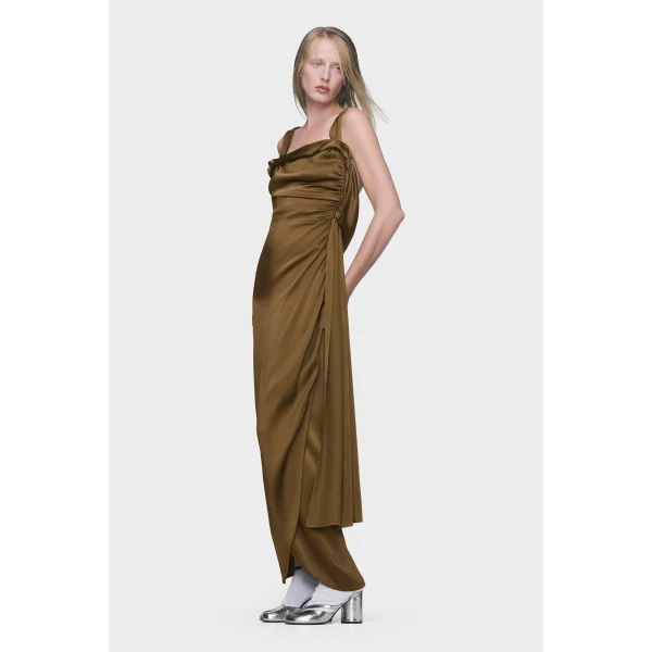 Maison Margiela Silk Satin Maxi Dress in Medium Brown | Maxi Dresses | Luxury Shoes 