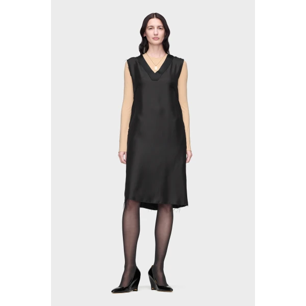 Maison Margiela Sleeveless Silk V-Neck Midi Dress in Black | Midi Dresses | Luxury Shoes 