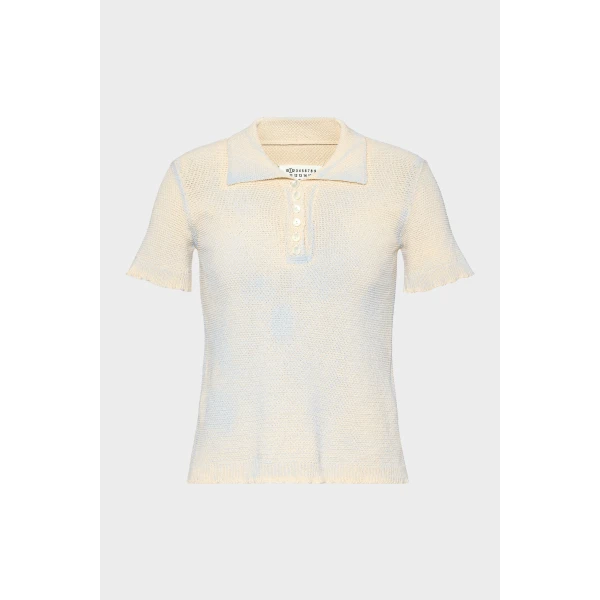 Maison Margiela Stamped Cotton Knit Polo in Pale Blue | Sweaters | Luxury Shoes 