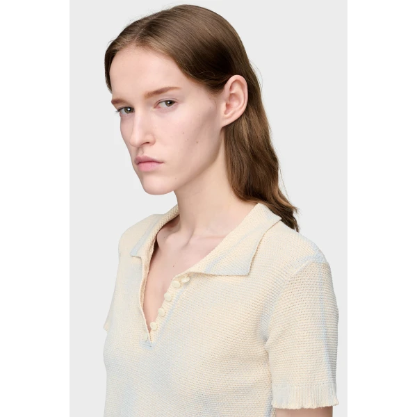 Maison Margiela Stamped Cotton Knit Polo in Pale Blue | Sweaters | Luxury Shoes 