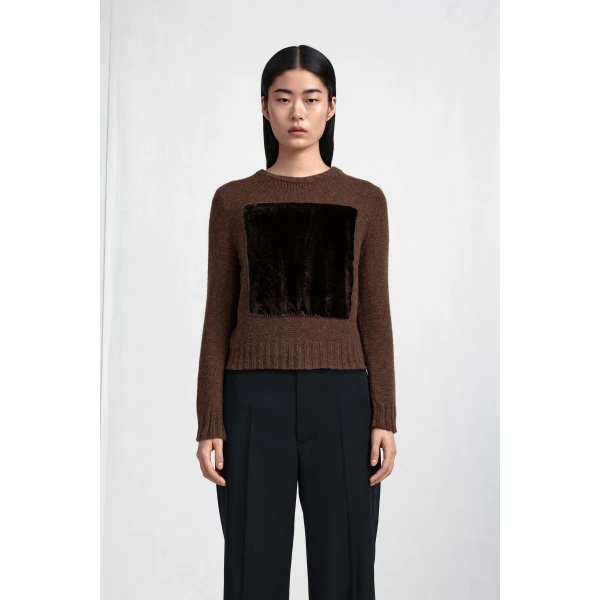 Maison Margiela Velvet-Panel Wool Sweater in Brown | Sweaters | Luxury Shoes 