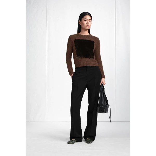 Maison Margiela Velvet-Panel Wool Sweater in Brown | Sweaters | Luxury Shoes 