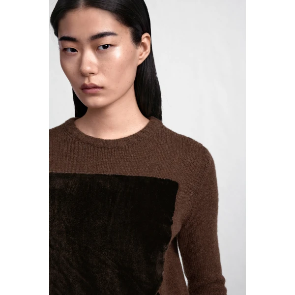 Maison Margiela Velvet-Panel Wool Sweater in Brown | Sweaters | Luxury Shoes 