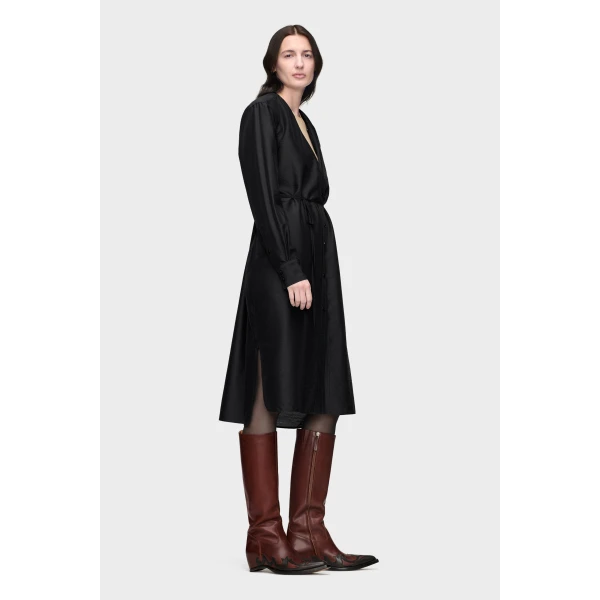 Maison Margiela Virgin Wool Midi Shirt Dress in Black | Midi Dresses | Luxury Shoes 