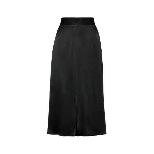 Washed Silk Satin Midi Skirt in Black