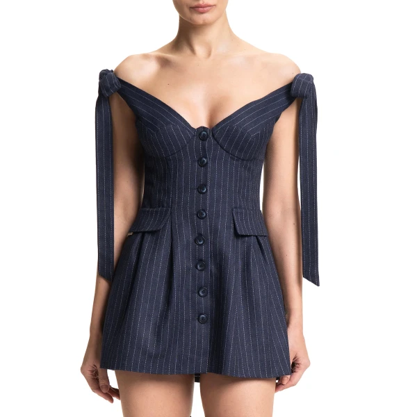 Maria Lucia Hohan Elvira Mini Dress in Navy Pinstripe | Mini Dresses | Luxury Shoes 