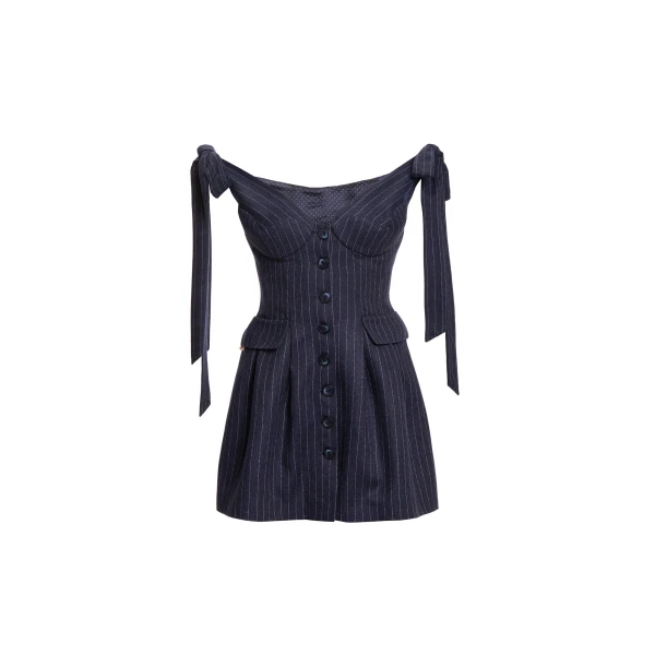 Elvira Mini Dress in Navy Pinstripe