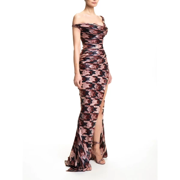 Maria Lucia Hohan Kimi Gown in Cocoa Houndstooth | Evening Gowns | Luxury Shoes 