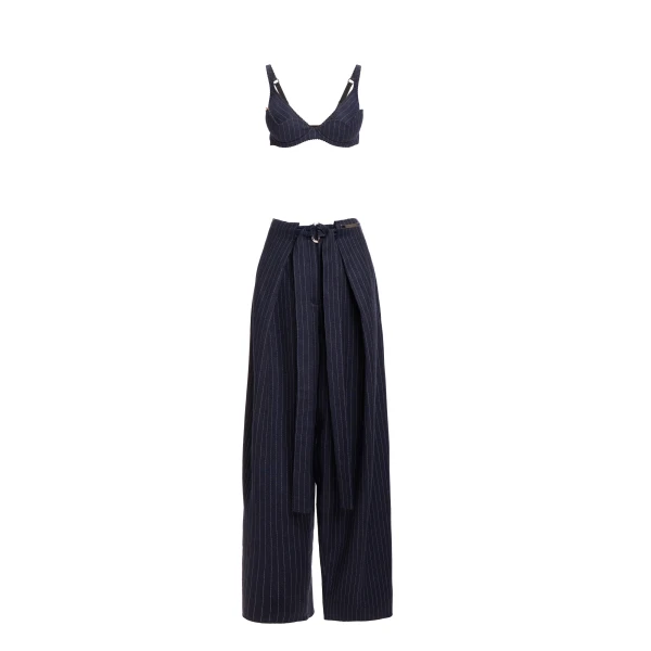 Maria Lucia Hohan Yuki Wide-Leg Pants in Navy Pinstripe | Wide leg pants | Luxury Shoes 