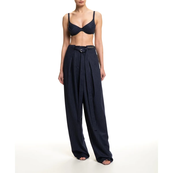 Maria Lucia Hohan Yuki Wide-Leg Pants in Navy Pinstripe | Wide leg pants | Luxury Shoes 