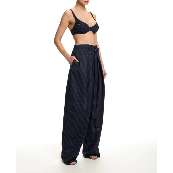 Maria Lucia Hohan Yuki Wide-Leg Pants in Navy Pinstripe | Wide leg pants | Luxury Shoes 